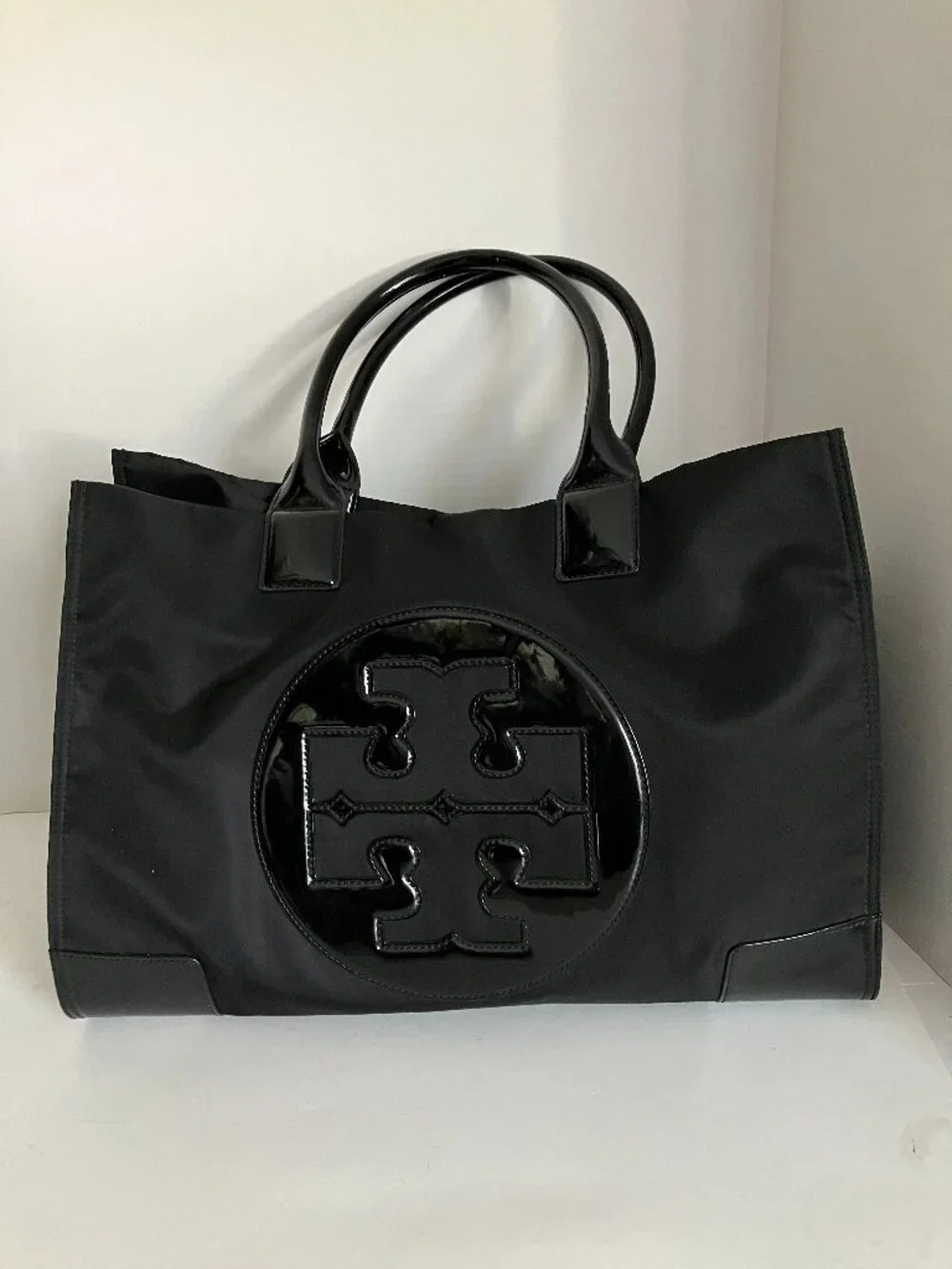 Tory Burch Black Ella Patent-Trim Nylon Tote Purse Large.